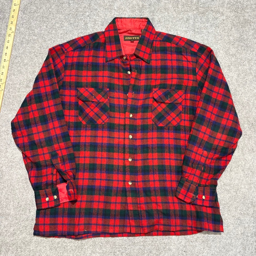 Vintage Austin Mens Red Plaid Flannel Shirt XL Acrylic Button Up Long Sleeve